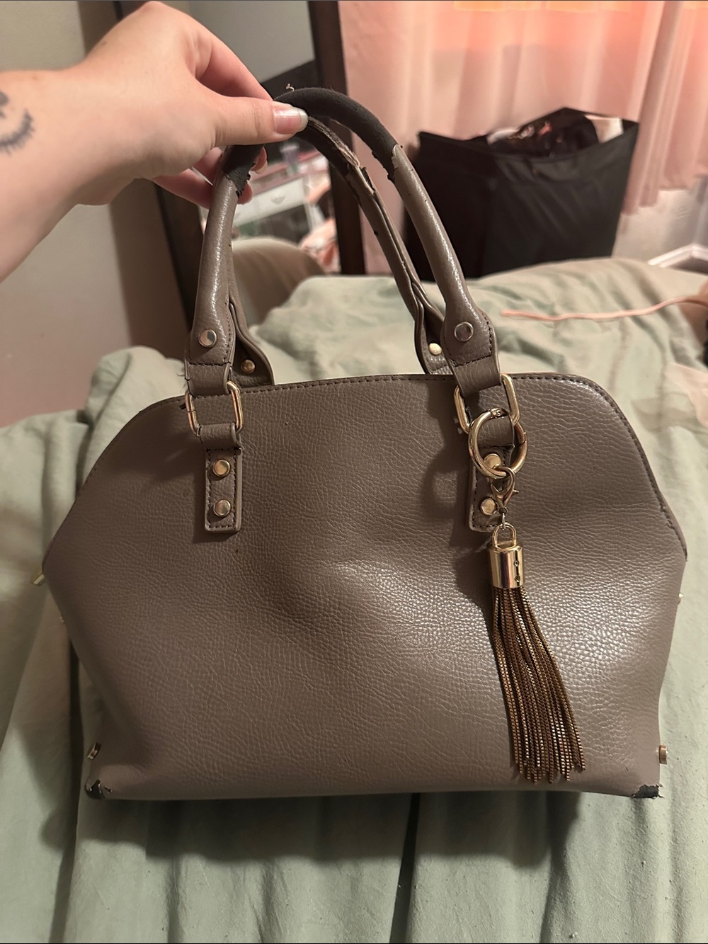 Women's Taupe Dome Satchel Handbag with Tassel